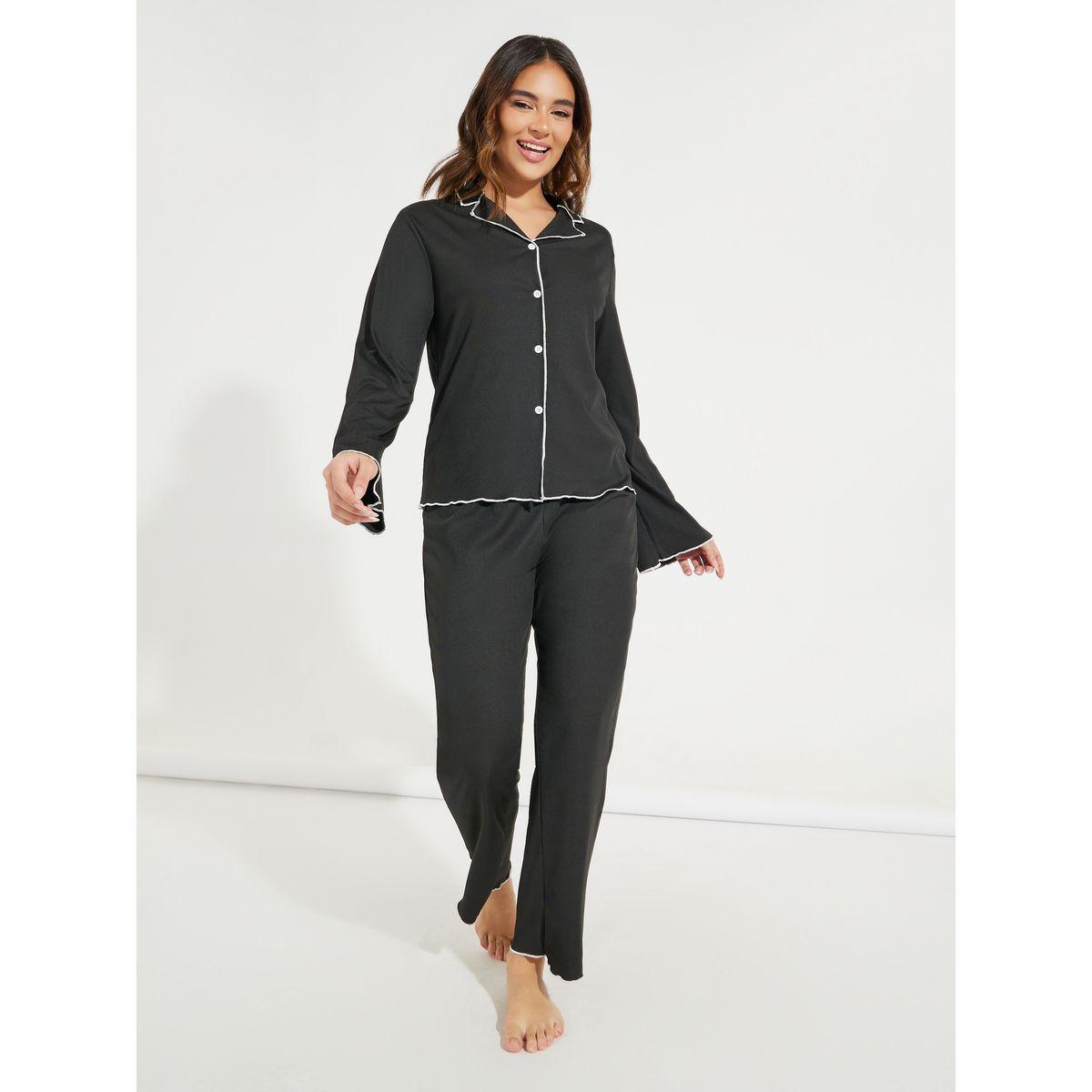 Styli Contrast Binding Lettuce Trim Shirt & Pyjama Set-women-clothing-nightwear-pyjamas-longsets-image-2