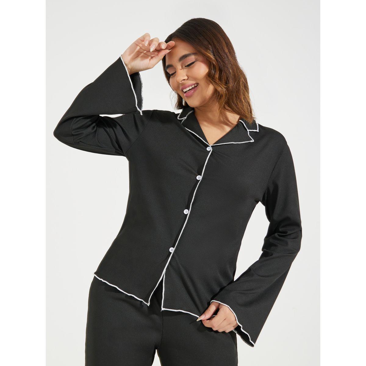 Styli Contrast Binding Lettuce Trim Shirt & Pyjama Set-women-clothing-nightwear-pyjamas-longsets-image-3