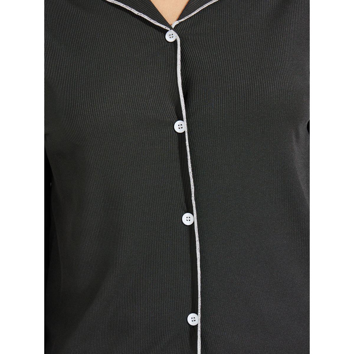 Styli Contrast Binding Lettuce Trim Shirt & Pyjama Set-women-clothing-nightwear-pyjamas-longsets-image-4