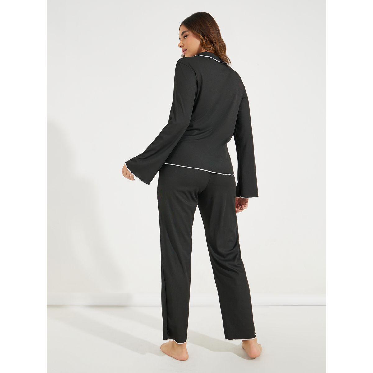 Styli Contrast Binding Lettuce Trim Shirt & Pyjama Set-women-clothing-nightwear-pyjamas-longsets-image-5