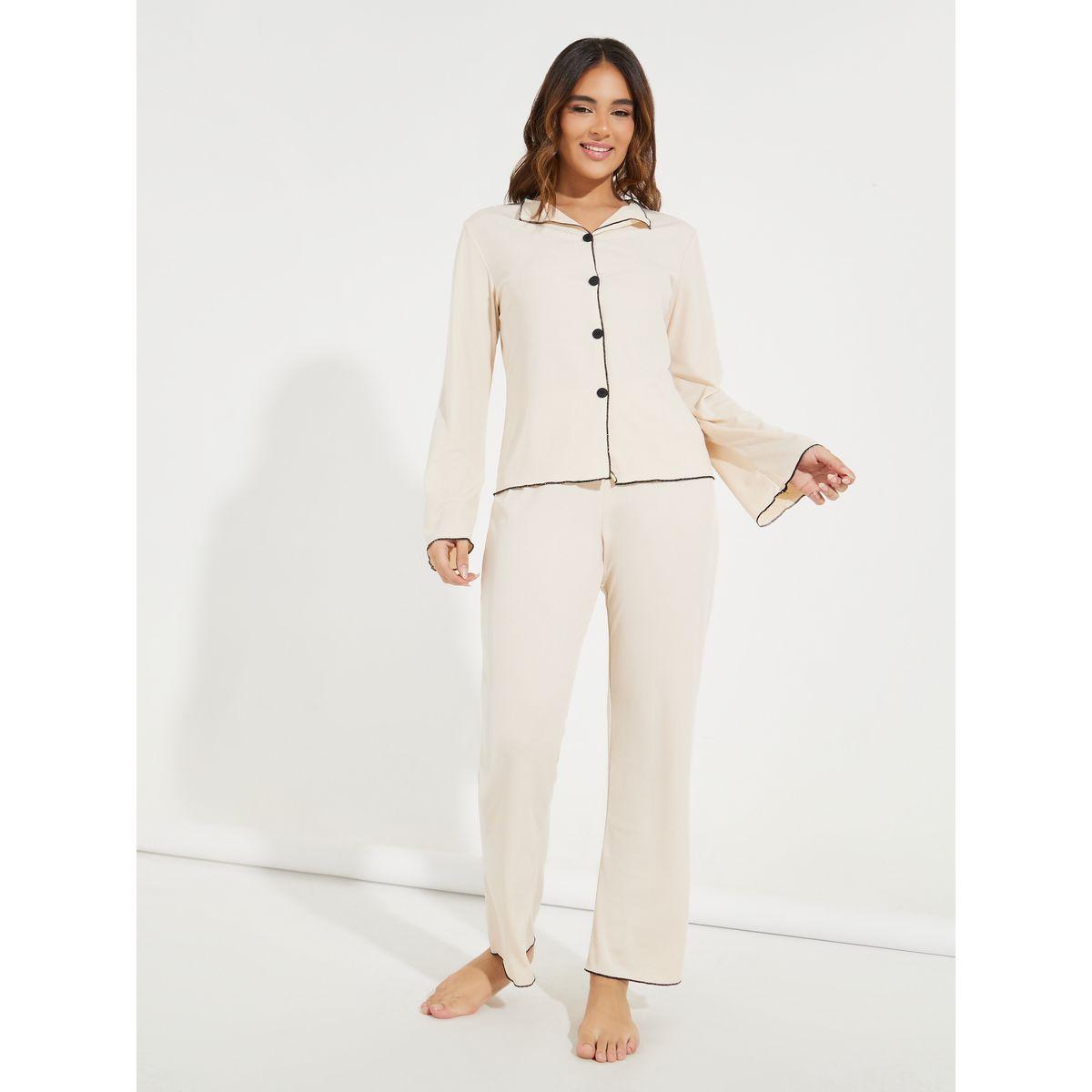Styli Overlock Seam Detail Top & Pyjama Set-women-clothing-nightwear-pyjamas-longsets-image-1