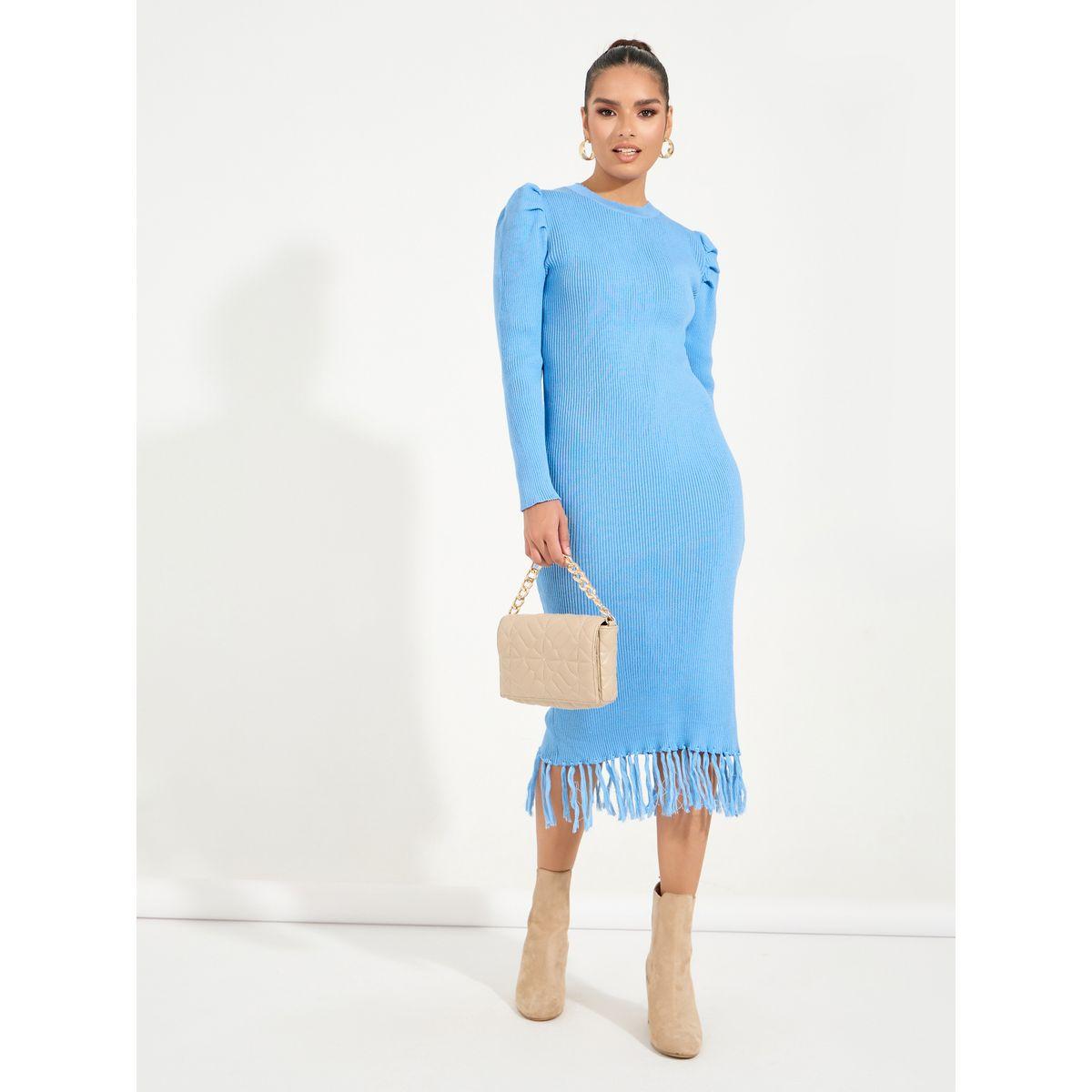 فستان ميدي بأكمام منفوخة وحافة بشراشيب-women-clothing-dresses-image-1