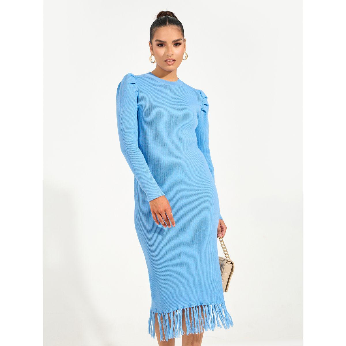 فستان ميدي بأكمام منفوخة وحافة بشراشيب-women-clothing-dresses-image-2