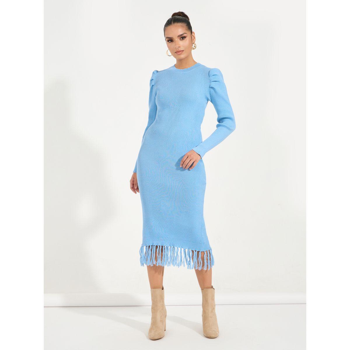 فستان ميدي بأكمام منفوخة وحافة بشراشيب-women-clothing-dresses-image-4