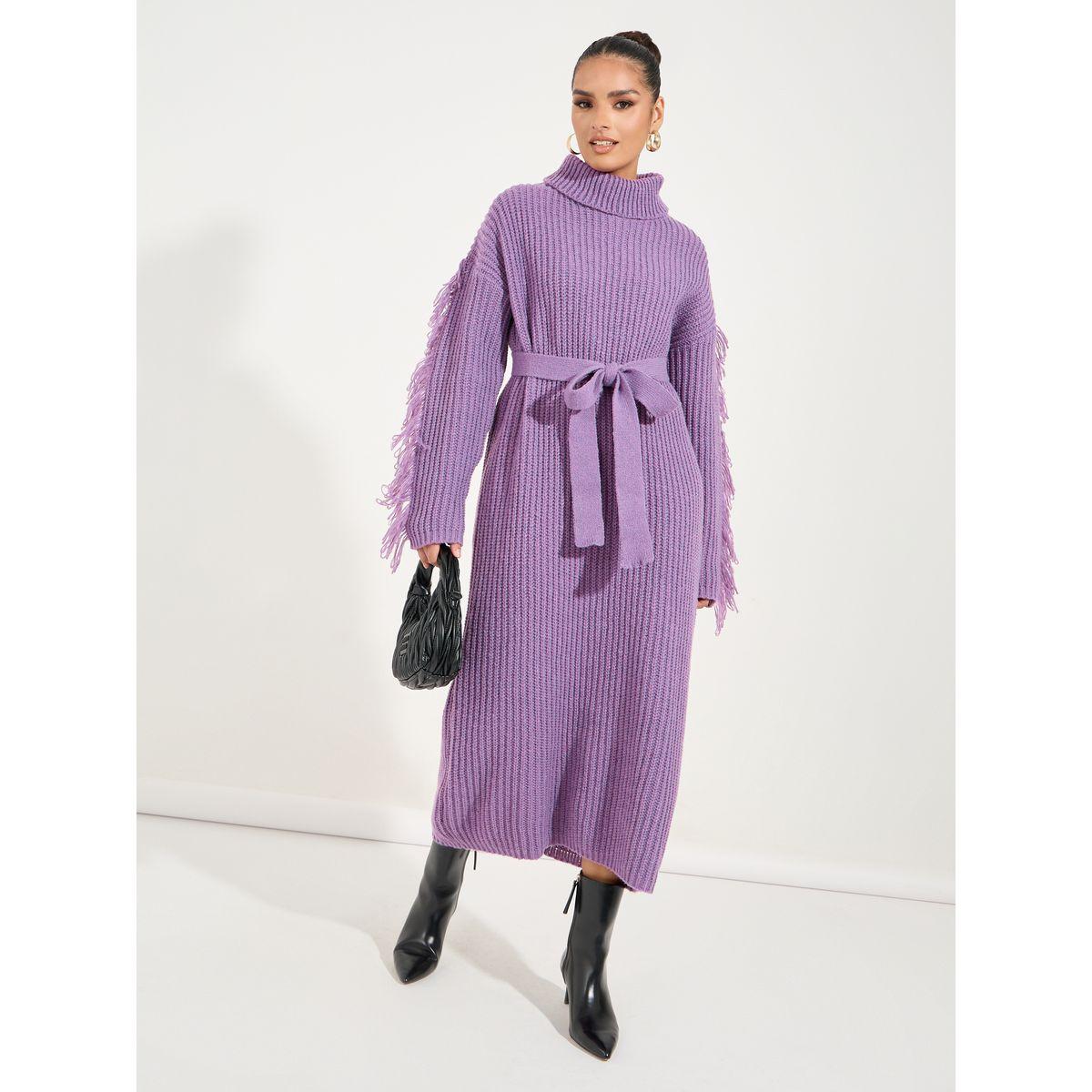 Styli Limited Oversized Fringe Detail Turtle Neck Midi Dress-women-clothing-dresses-image-1