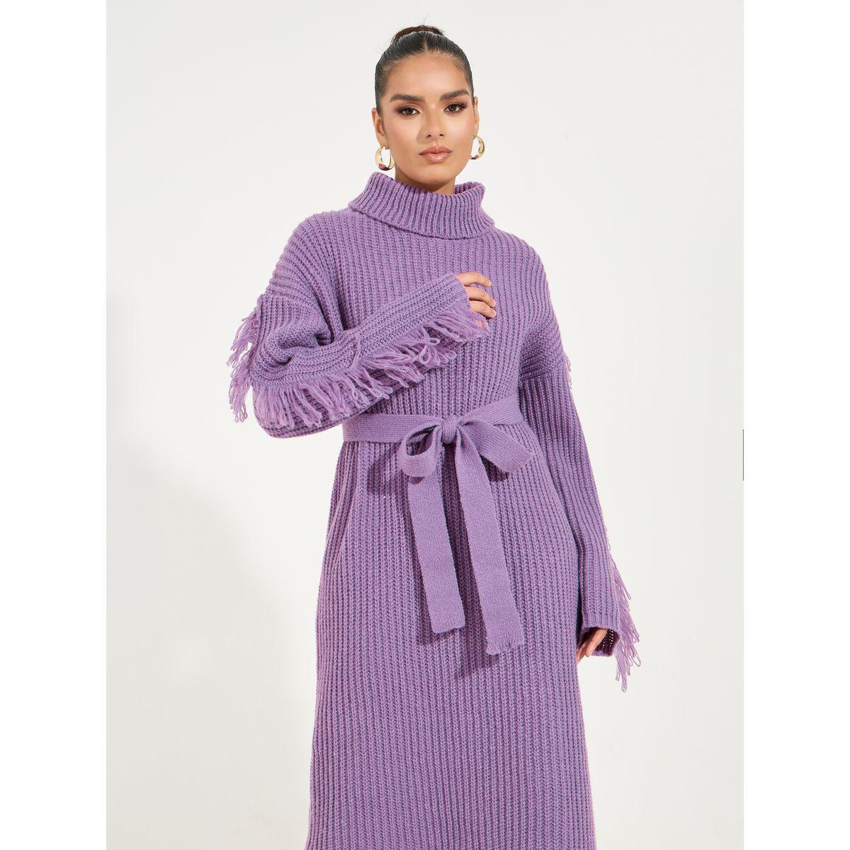 Styli Limited Oversized Fringe Detail Turtle Neck Midi Dress-women-clothing-dresses-image-2