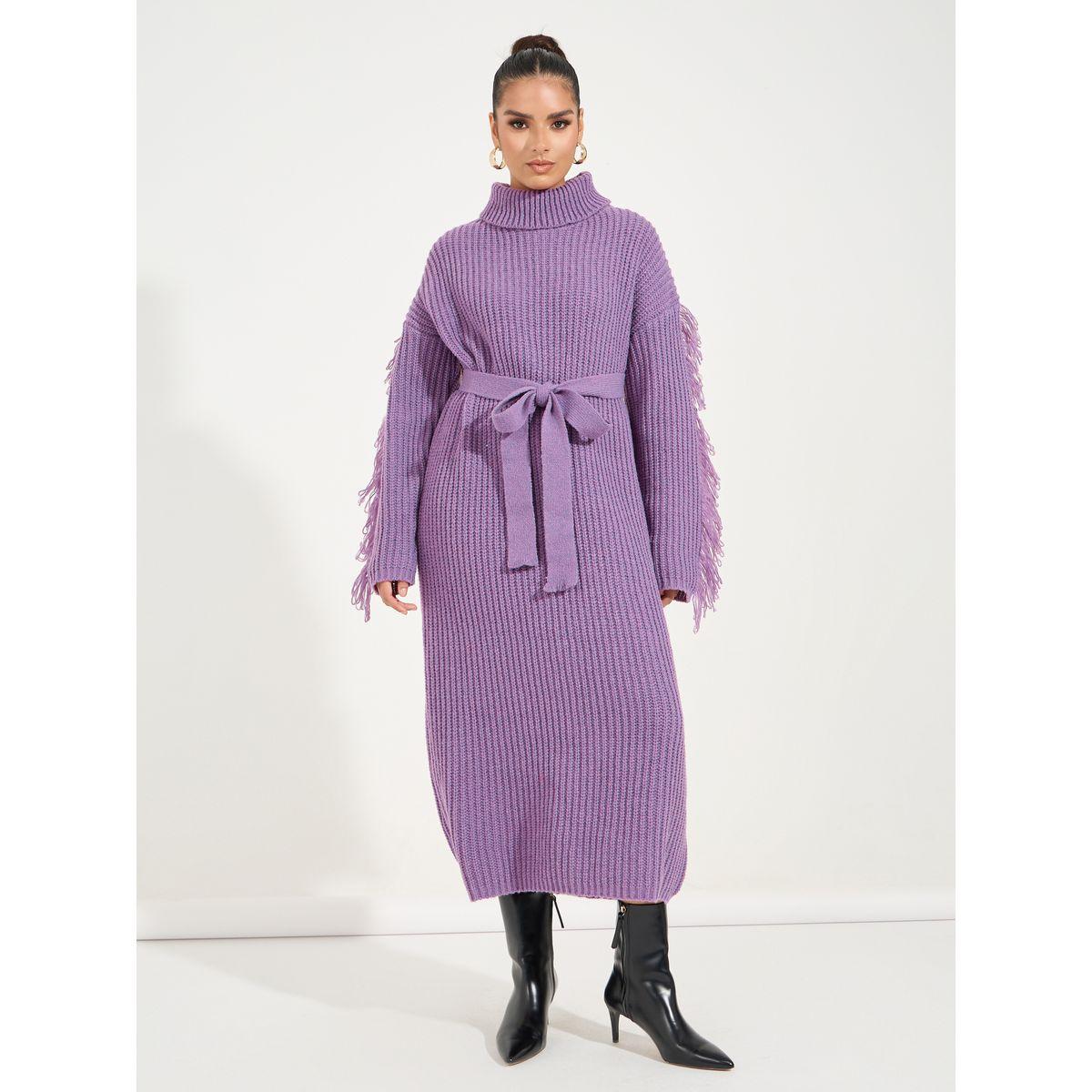 Styli Limited Oversized Fringe Detail Turtle Neck Midi Dress-women-clothing-dresses-image-4