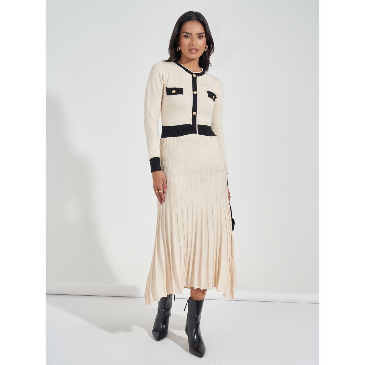 Styli Limited Knitted Color Block Pleat Detail Midi Dress-women-clothing-dresses-image-1