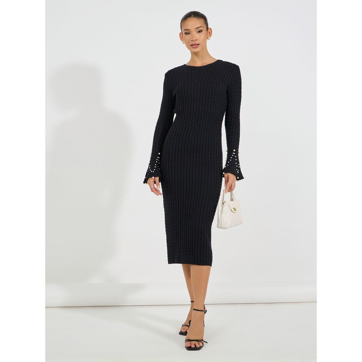 فستان ميدي محبوك بأكمام جرس-women-clothing-dresses-image-1