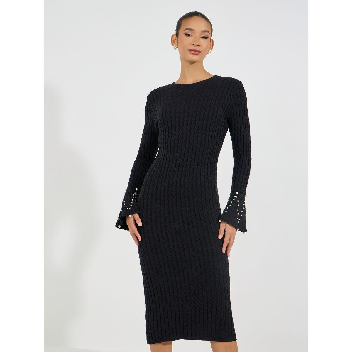 فستان ميدي محبوك بأكمام جرس-women-clothing-dresses-image-2