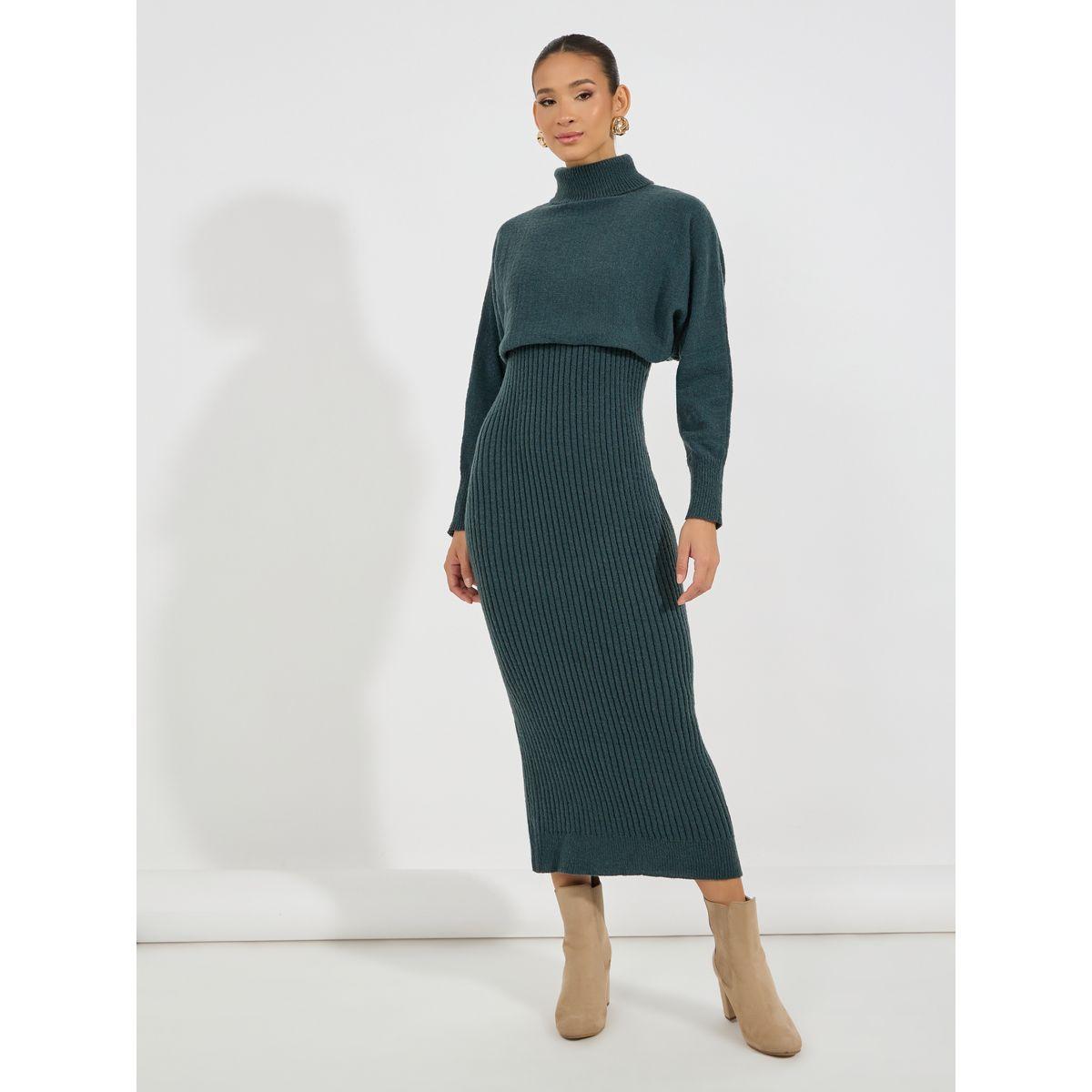 Styli Limited Flat Knit Strappy Dress with Turtle Neck Bolero Set-women-clothing-dresses-image-1