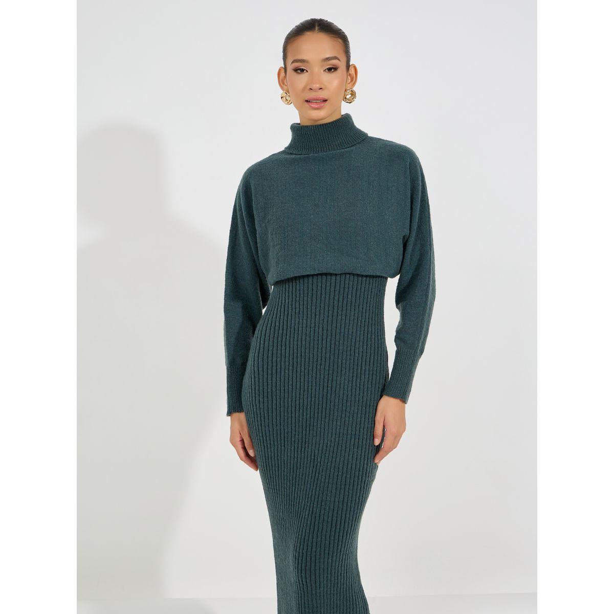 مجموعة من فستان محبوك بحمالات مع بوليرو بياقة عالية-women-clothing-dresses-image-2