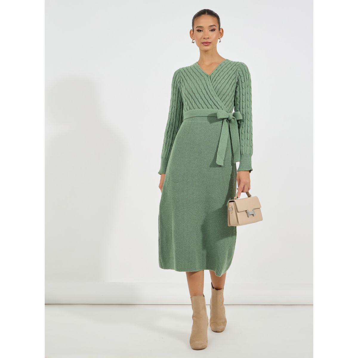 Styli Limited Textured Cable Knit Sweater Midi Dress with Tie Belt-women-clothing-dresses-image-1