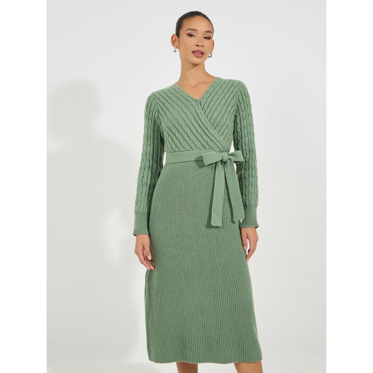 Styli Limited Textured Cable Knit Sweater Midi Dress with Tie Belt-women-clothing-dresses-image-5