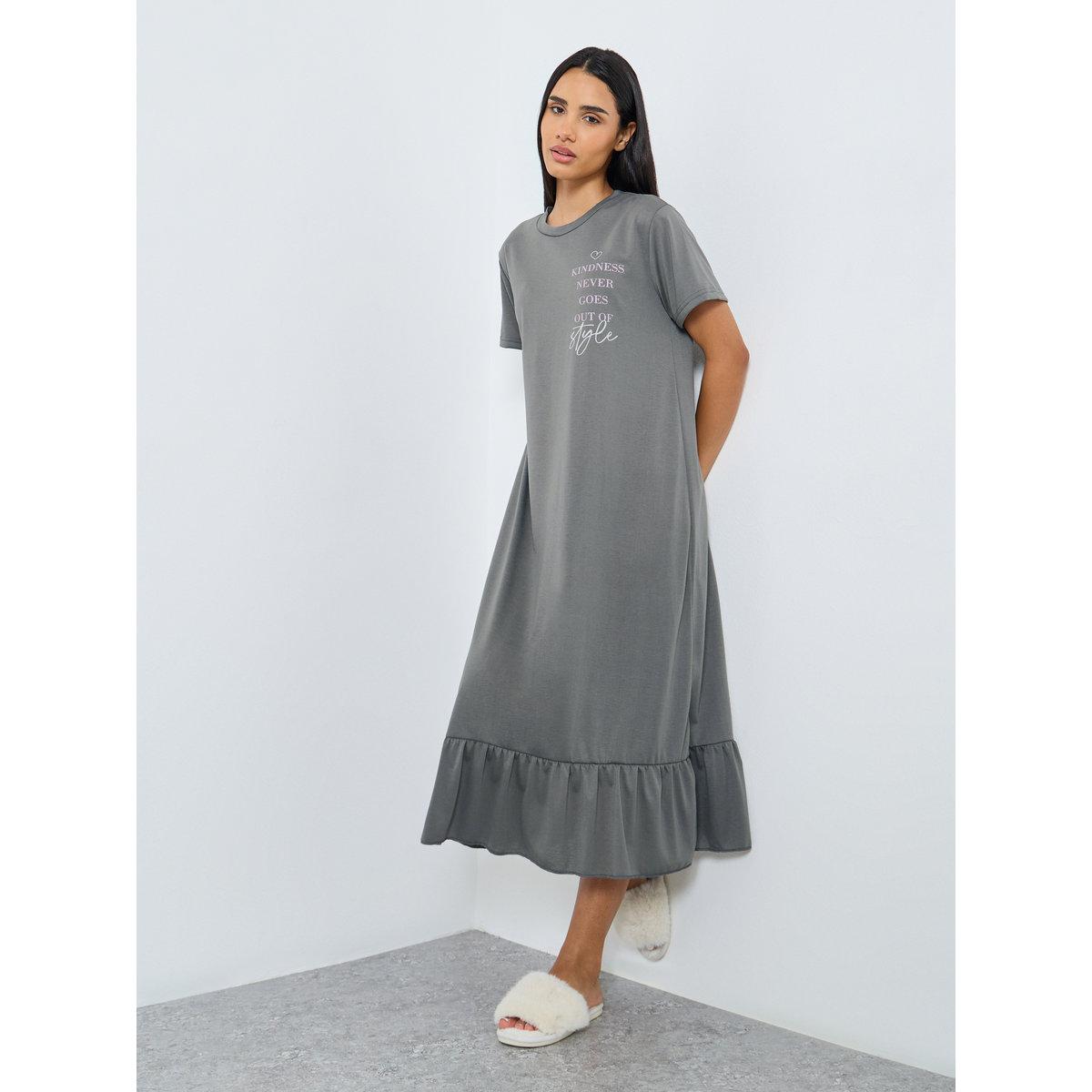 Styli Kindness Slogan Ruffle Hem Sleep T-Shirt Dress-women-clothing-nightwear-nighties-image-1