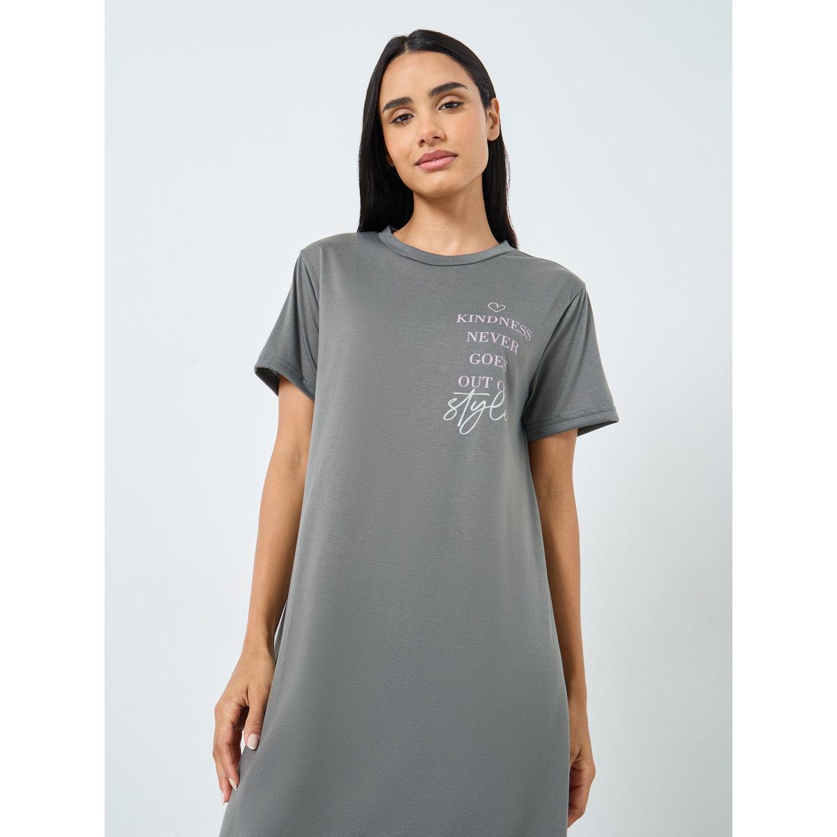 Styli Kindness Slogan Ruffle Hem Sleep T-Shirt Dress-women-clothing-nightwear-nighties-image-3