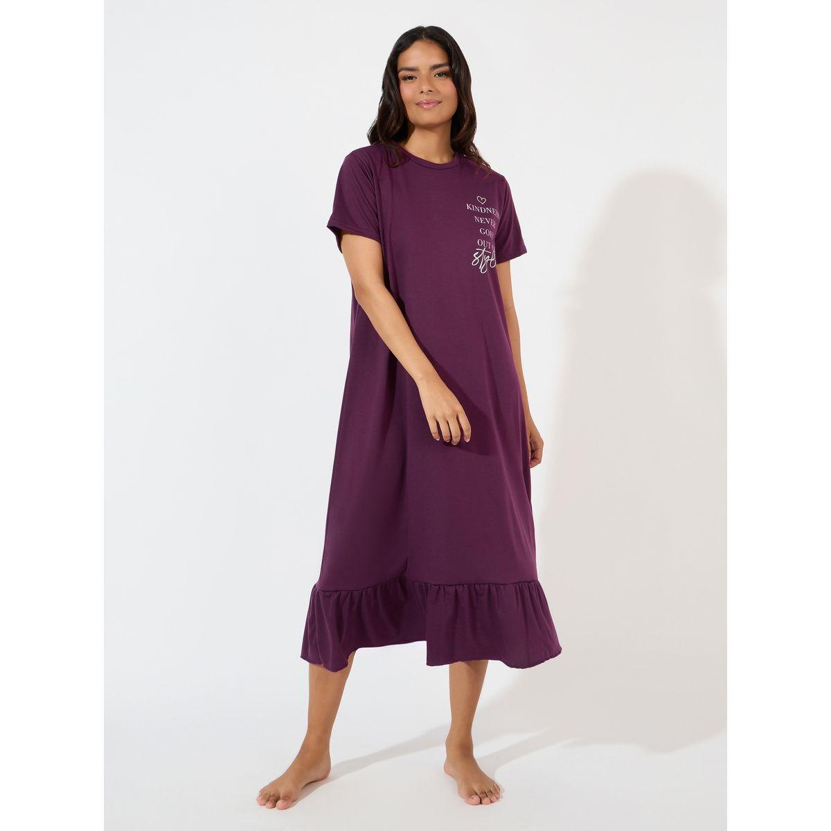 Styli Unwind Kindness Slogan Ruffle Hem Sleep T-Shirt Dress-women-clothing-nightwear-nighties-image-1