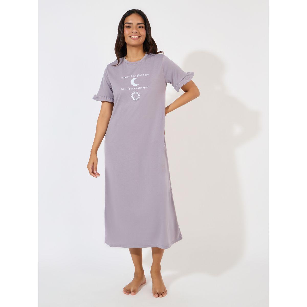 Styli Unwind Moon Graphic Slogan Ruffle Sleeve Sleep T-Shirt Dress-women-clothing-nightwear-nighties-image-1