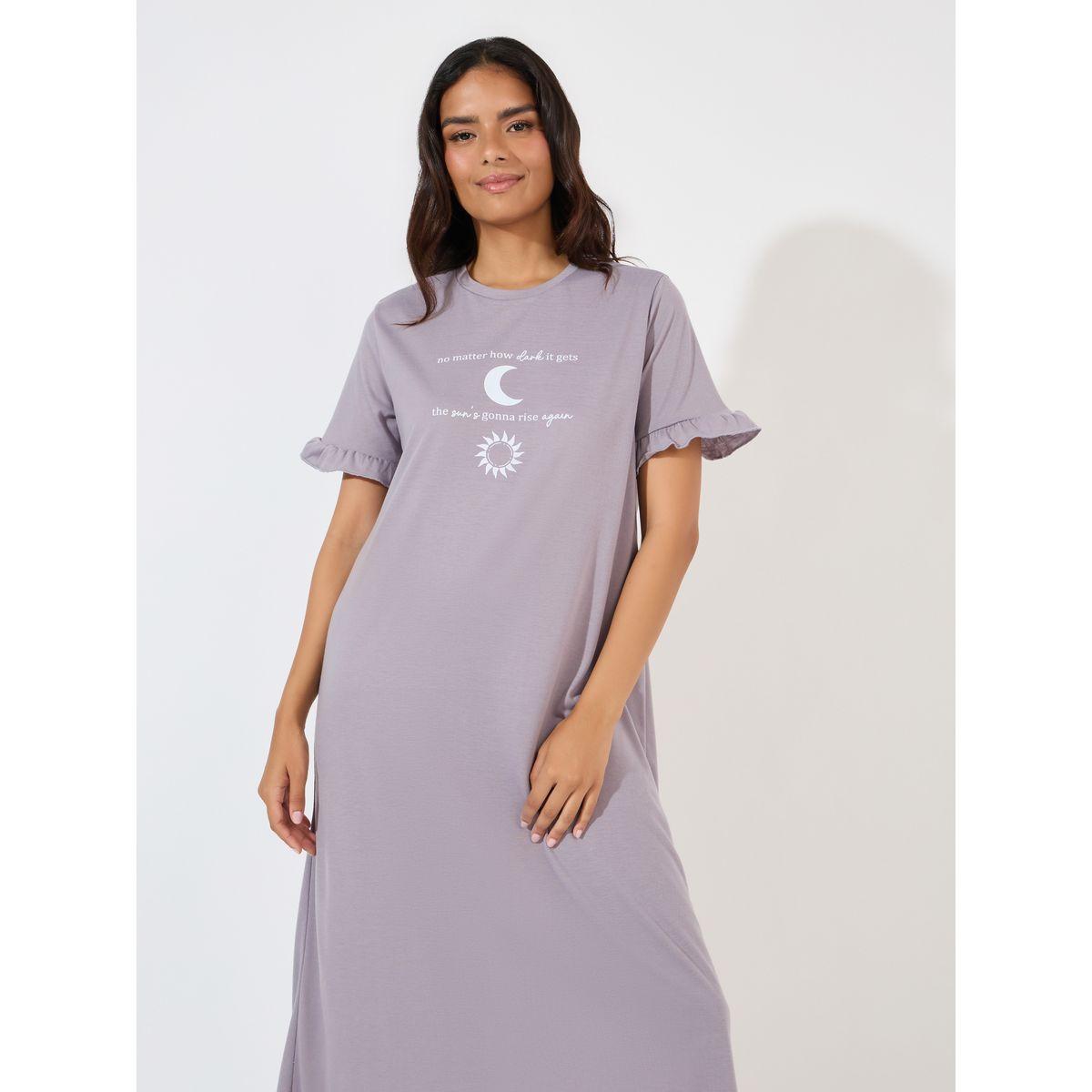 Styli Unwind Moon Graphic Slogan Ruffle Sleeve Sleep T-Shirt Dress-women-clothing-nightwear-nighties-image-2
