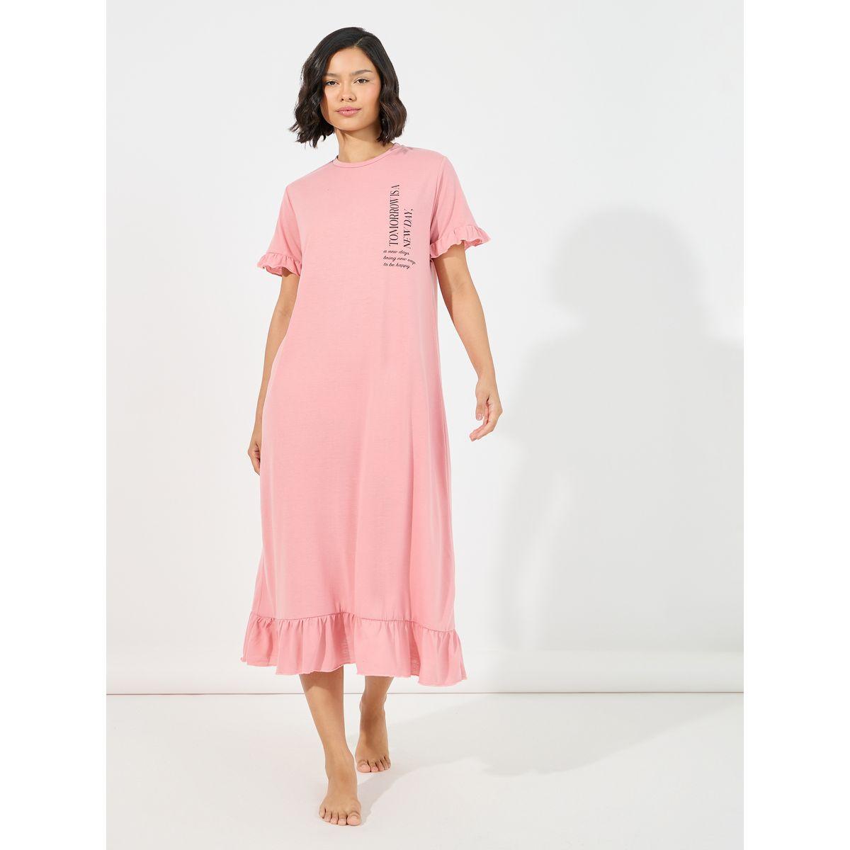 Styli Unwind Tomorrow Is A New Day Slogan Ruffled Sleep T-Shirt Dress-women-clothing-nightwear-nighties-image-1