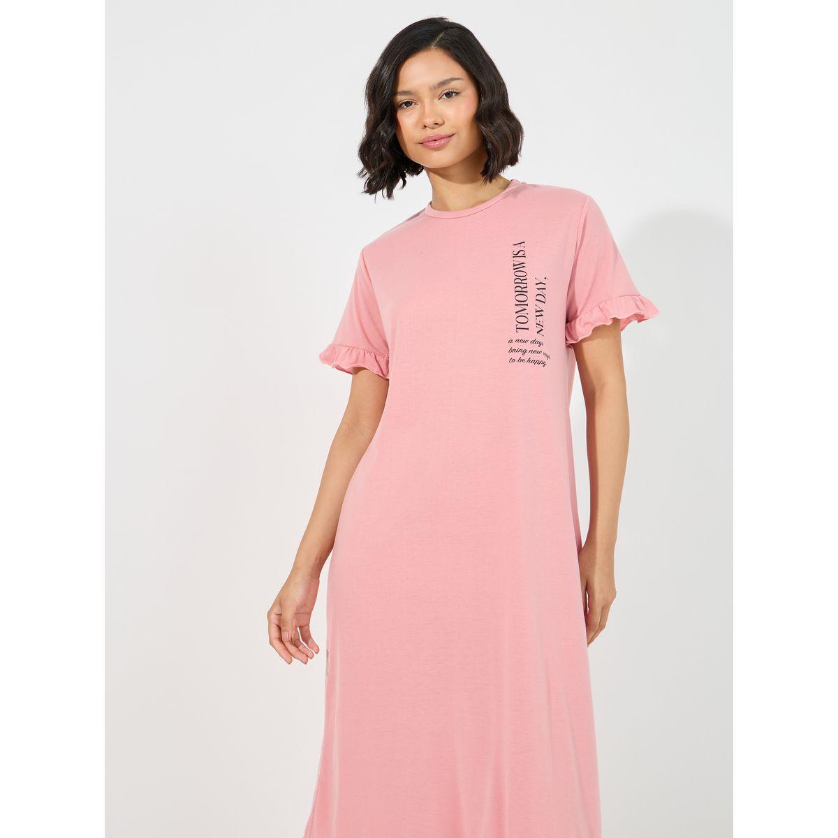 قميص نوم مطبع بكتابة مع كشكش-women-clothing-nightwear-nighties-image-2