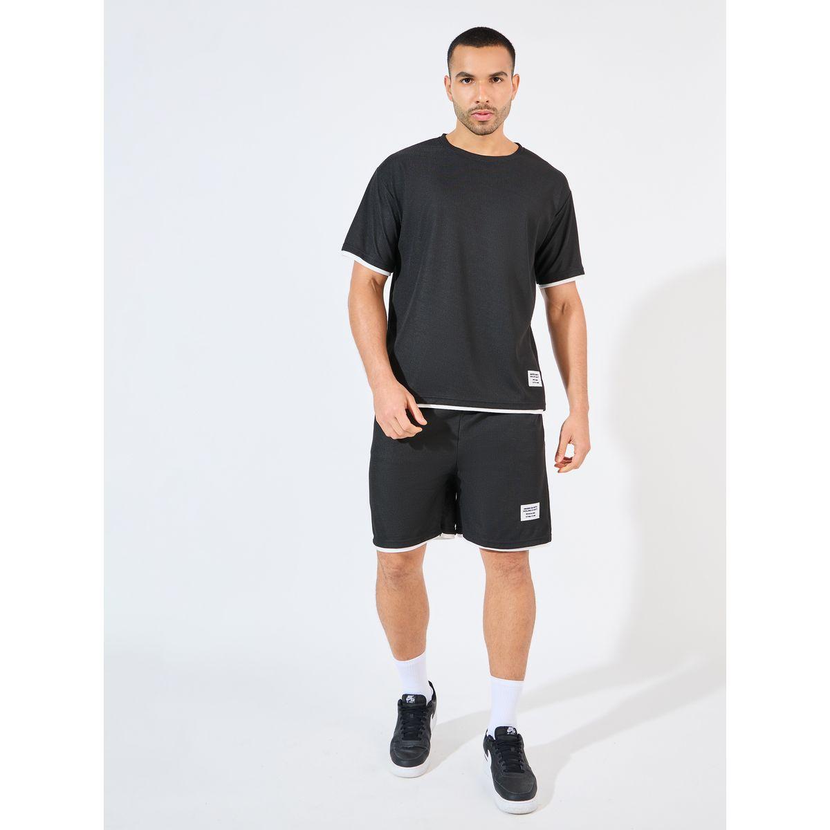 Styli Waffle Knit Oversized Badge T-Shirt & Shorts Co-Ords-men-clothing-coordsets-image-1