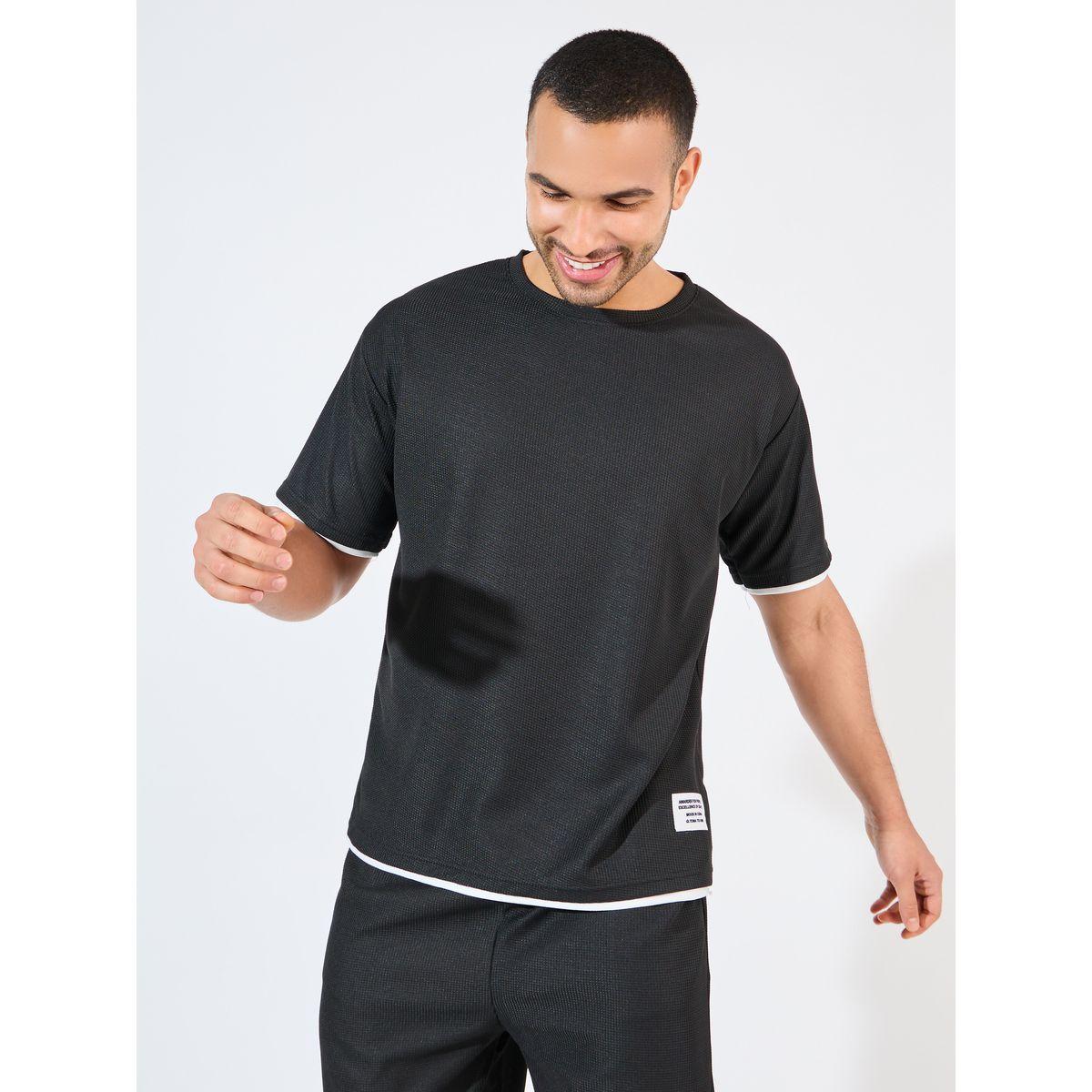 Styli Waffle Knit Oversized Badge T-Shirt & Shorts Co-Ords-men-clothing-coordsets-image-2