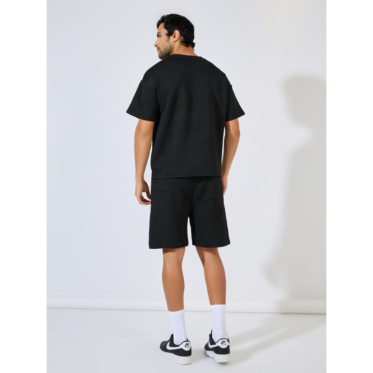 Styli Jacquard Knit Oversized Badge T-Shirt & Shorts Co-Ords-men-clothing-coordsets-image-4