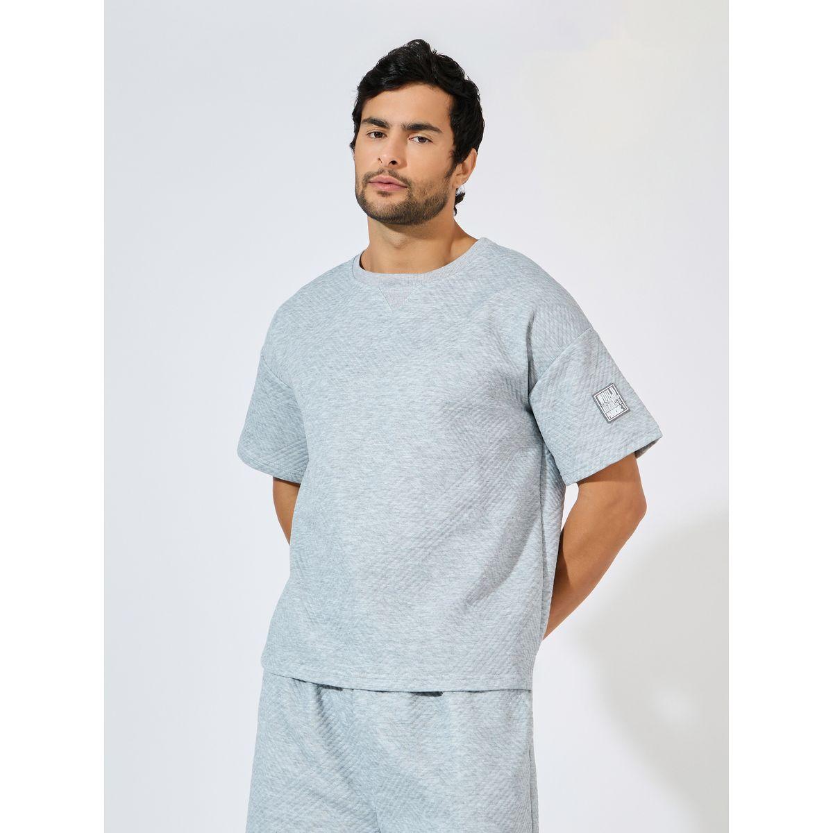 Styli Jacquard Knit Oversized Badge T-Shirt & Shorts Co-Ords-men-clothing-coordsets-image-2