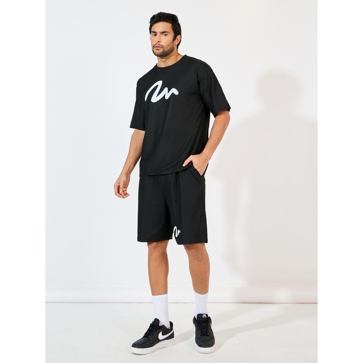 Styli Waffle Knit Graffiti Print Oversized T-Shirt & Shorts Co-Ords-men-clothing-coordsets-image-1