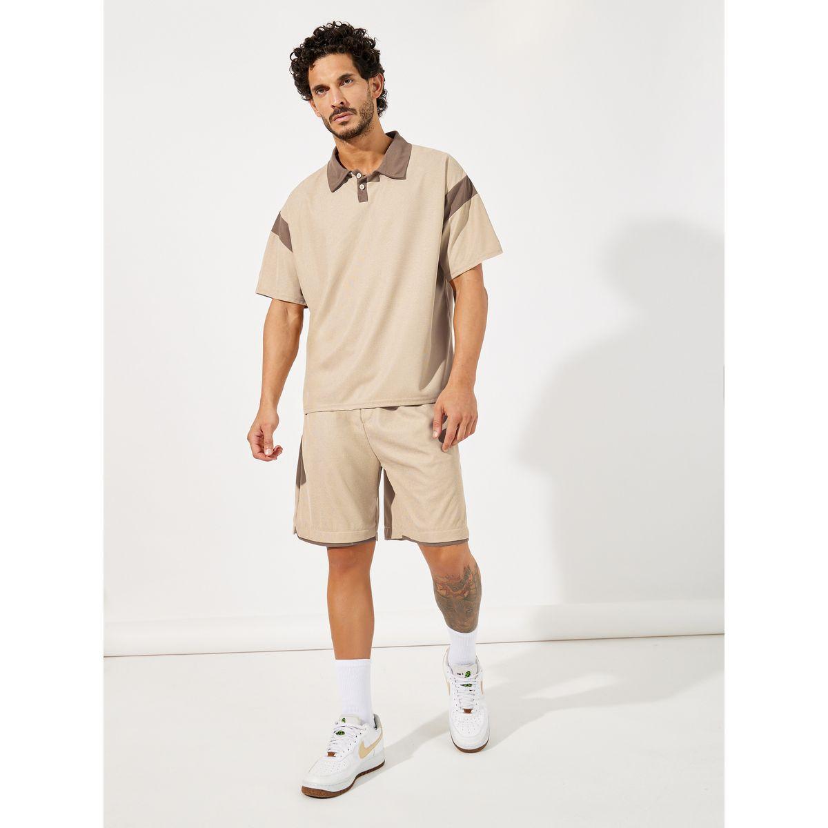 Styli Contrast Panel Dropped Shoulder Polo & Shorts Co-Ords-men-clothing-coordsets-image-1