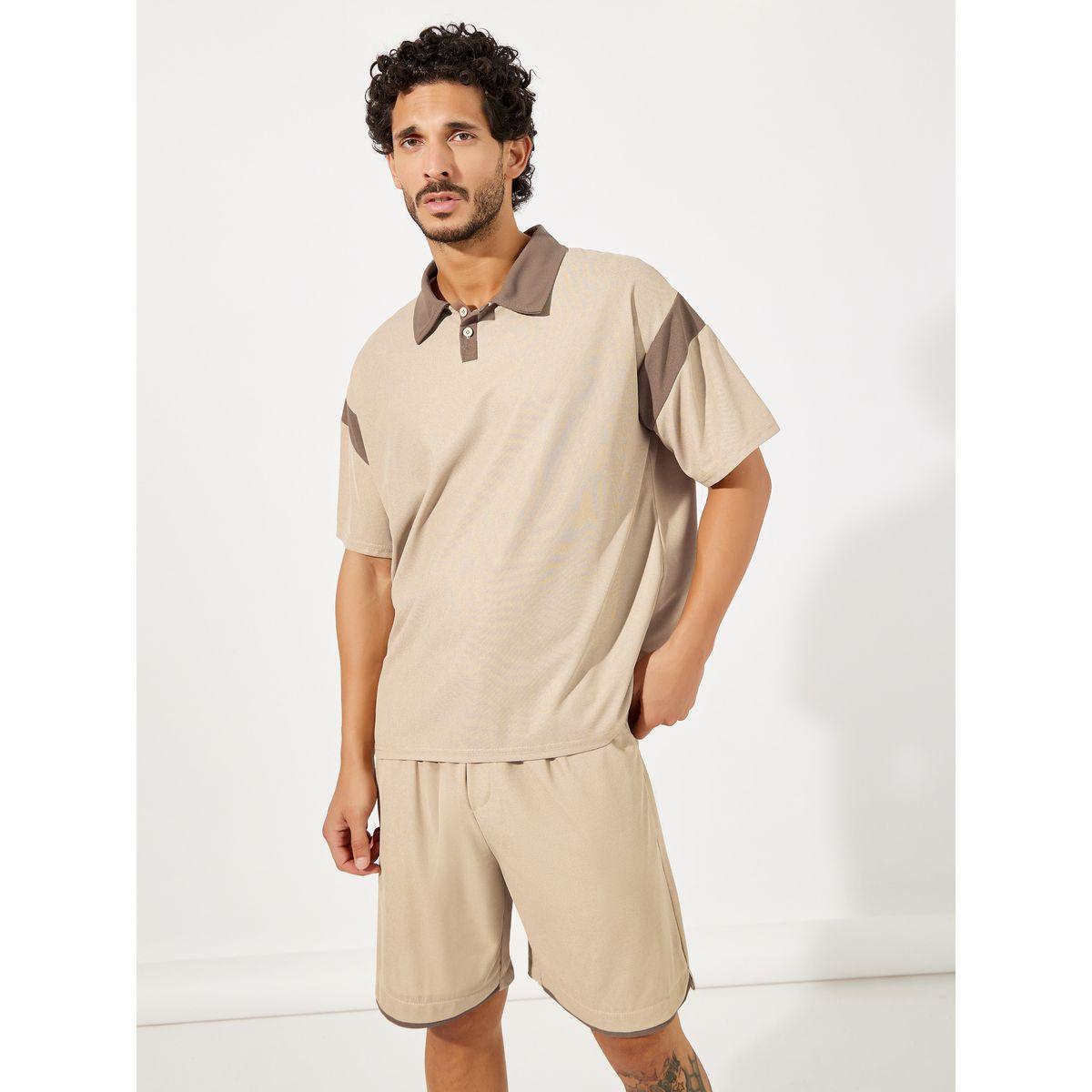 Styli Contrast Panel Dropped Shoulder Polo & Shorts Co-Ords-men-clothing-coordsets-image-2