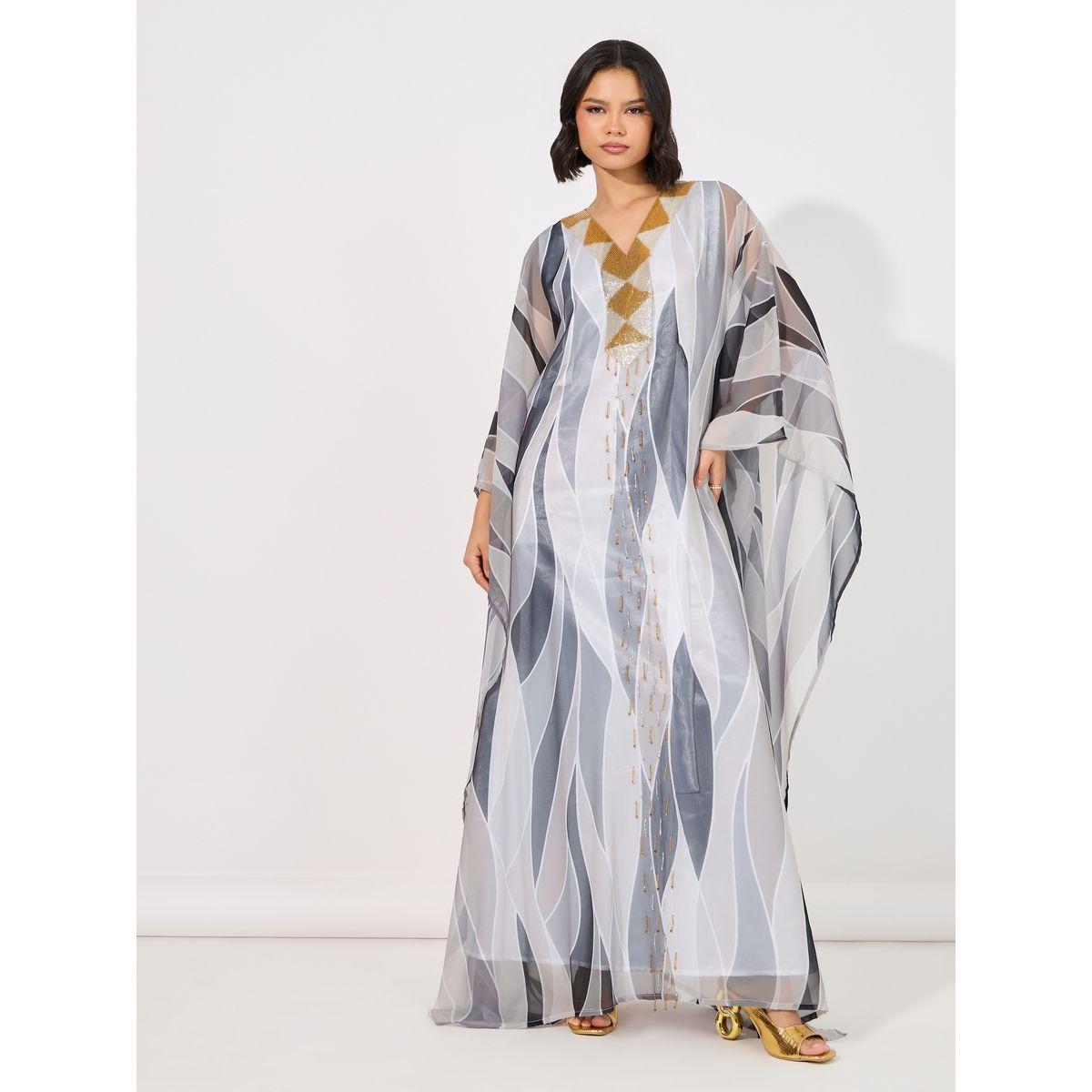 Maxim Creation X Styli  Abstract Print Georgette Farasha Kaftan with Handwork-women-arabicclothing-kaftan-image-1