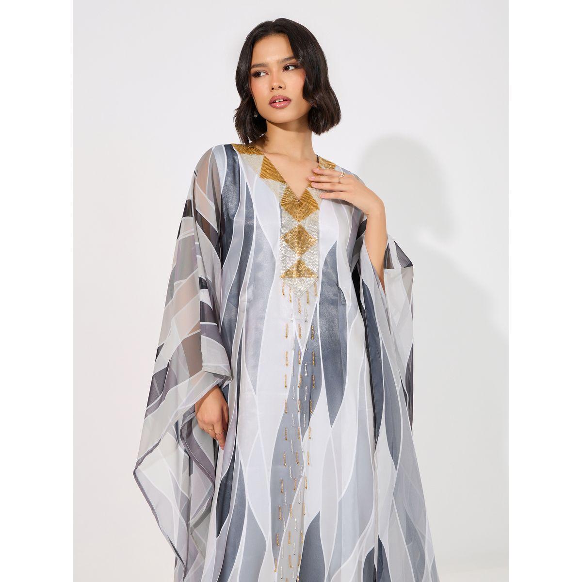Maxim Creation X Styli  Abstract Print Georgette Farasha Kaftan with Handwork-women-arabicclothing-kaftan-image-2