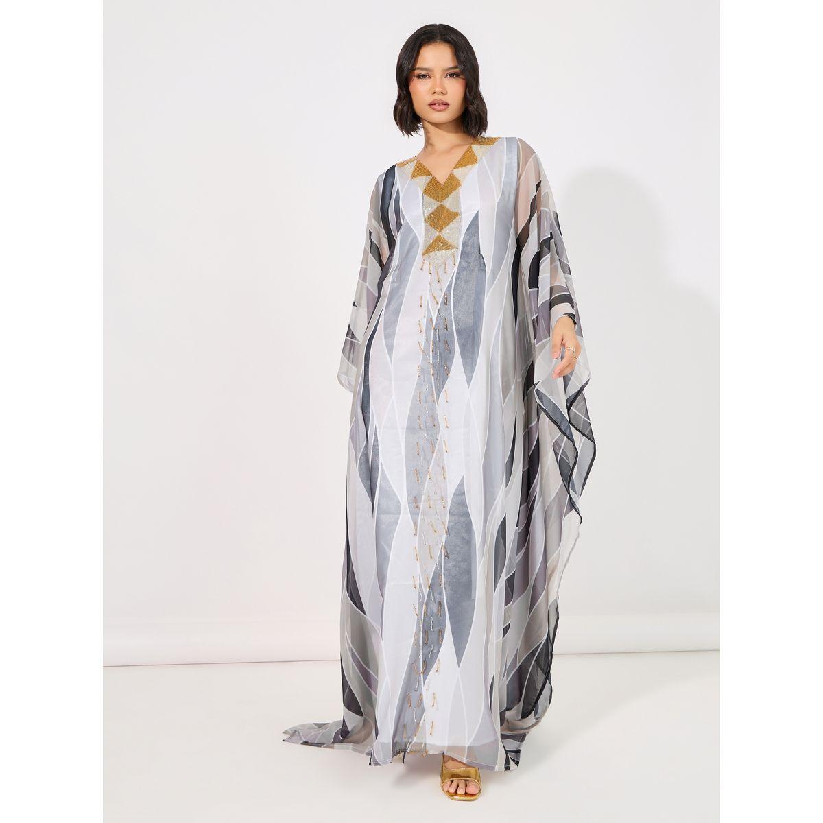 Maxim Creation X Styli  Abstract Print Georgette Farasha Kaftan with Handwork-women-arabicclothing-kaftan-image-4