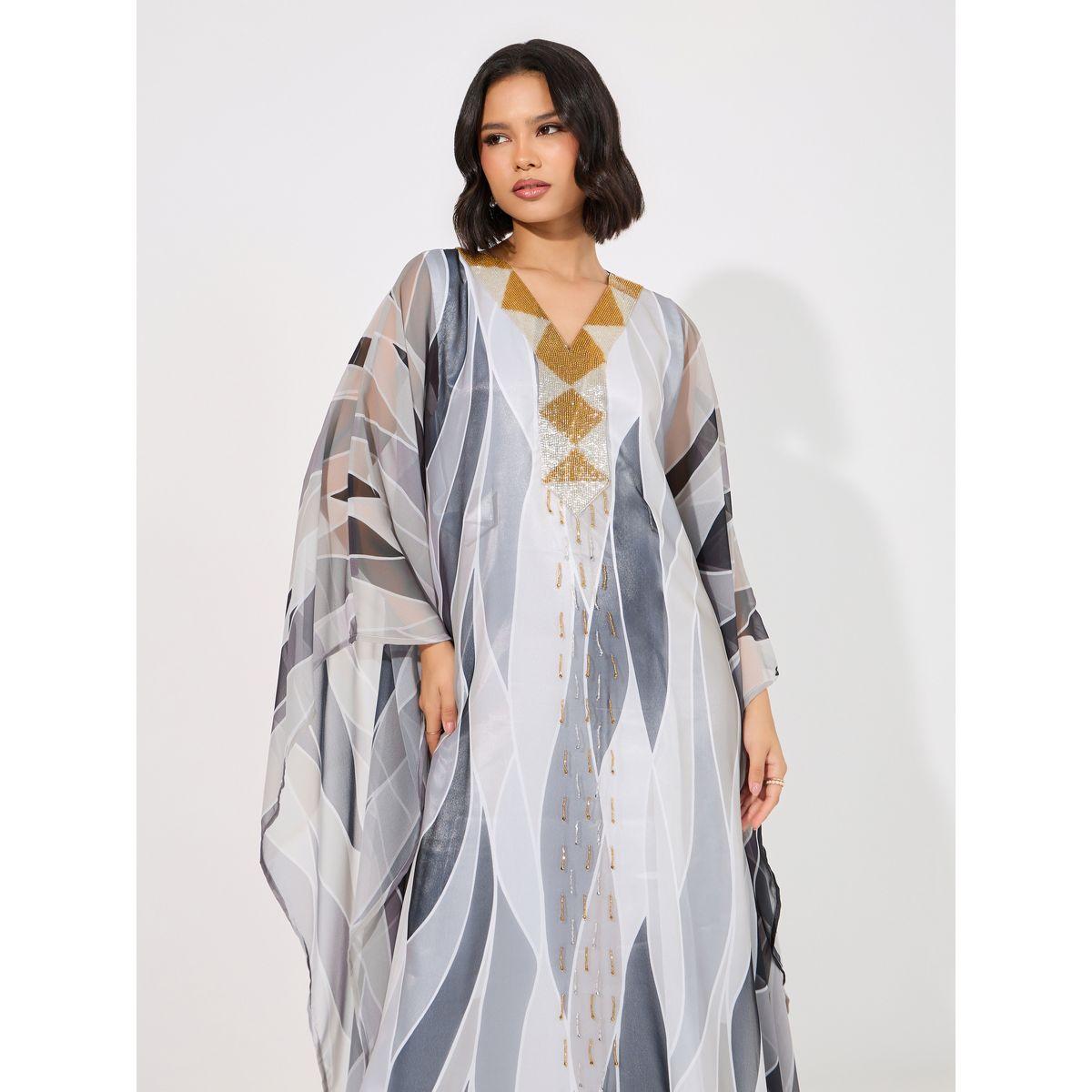 Maxim Creation X Styli  Abstract Print Georgette Farasha Kaftan with Handwork-women-arabicclothing-kaftan-image-5