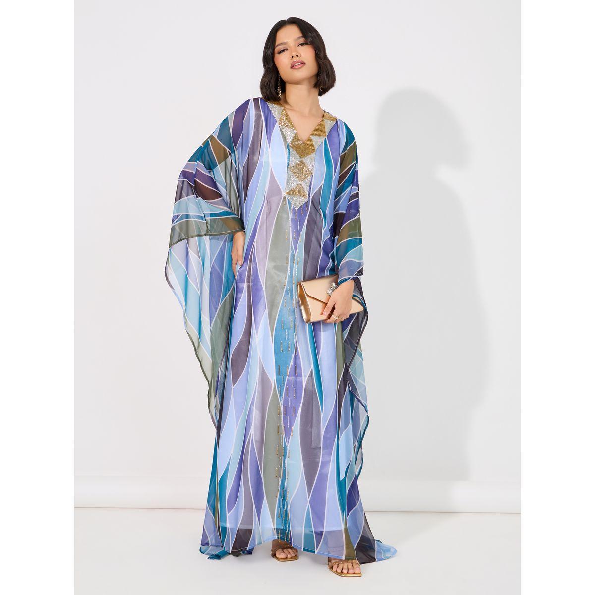 Maxim Creation X Styli  Abstract Print Georgette Farasha Kaftan with Handwork-women-arabicclothing-kaftan-image-1
