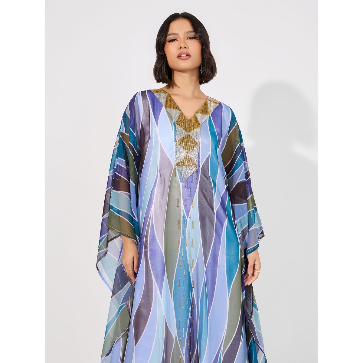 Maxim Creation X Styli  Abstract Print Georgette Farasha Kaftan with Handwork-women-arabicclothing-kaftan-image-2