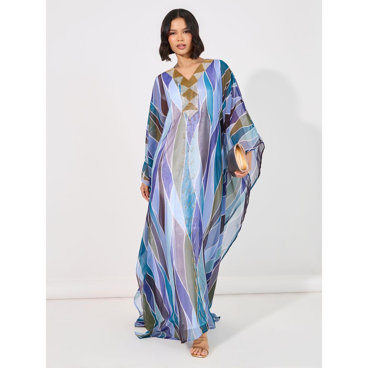 Maxim Creation X Styli  Abstract Print Georgette Farasha Kaftan with Handwork-women-arabicclothing-kaftan-image-4
