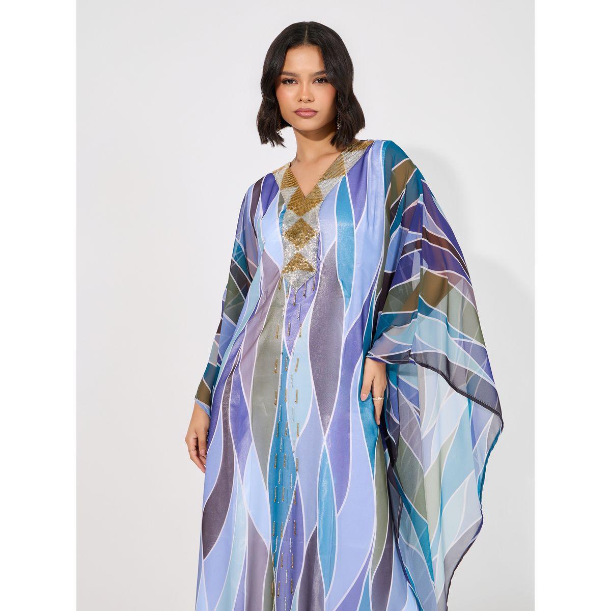 Maxim Creation X Styli  Abstract Print Georgette Farasha Kaftan with Handwork-women-arabicclothing-kaftan-image-5