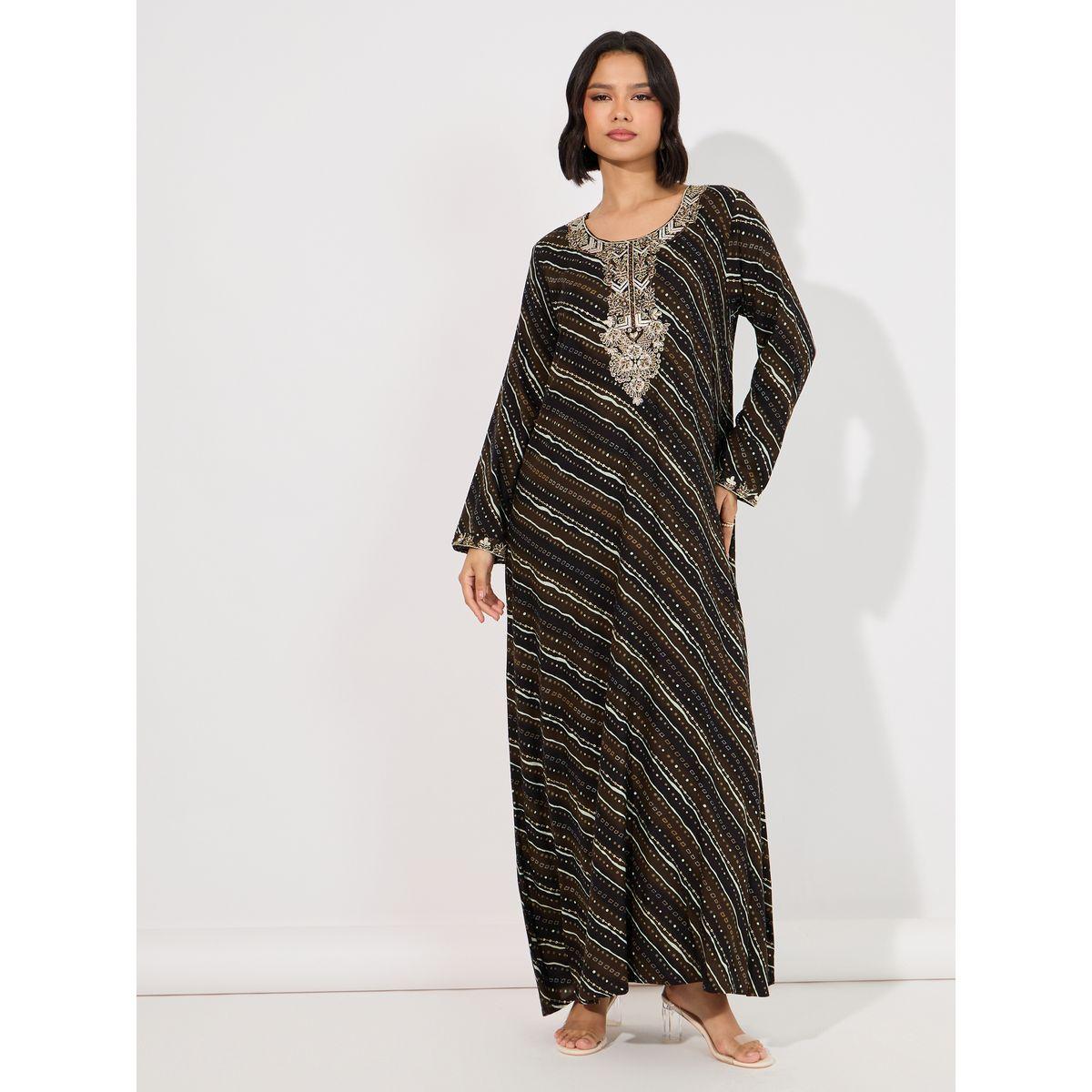 جلابية مخوار بطبعة هندسية وأكمام طويلة ماكسيم كرييشن × ستايلي-women-arabicclothing-jalabiyas-image-1
