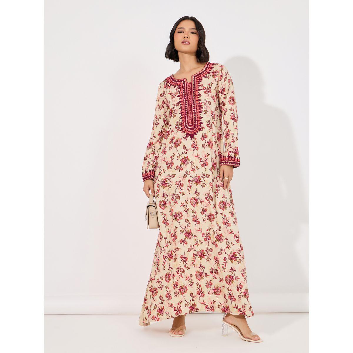 Maxim Creation X Styli  Floral Print Rayon Mukhawar Jalabiya with Handwork-women-arabicclothing-jalabiyas-image-1
