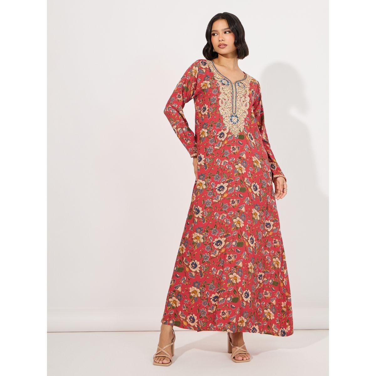 Maxim Creation X Styli  Floral Print Rayon Mukhawar Jalabiya with Handwork-women-arabicclothing-kaftan-image-1