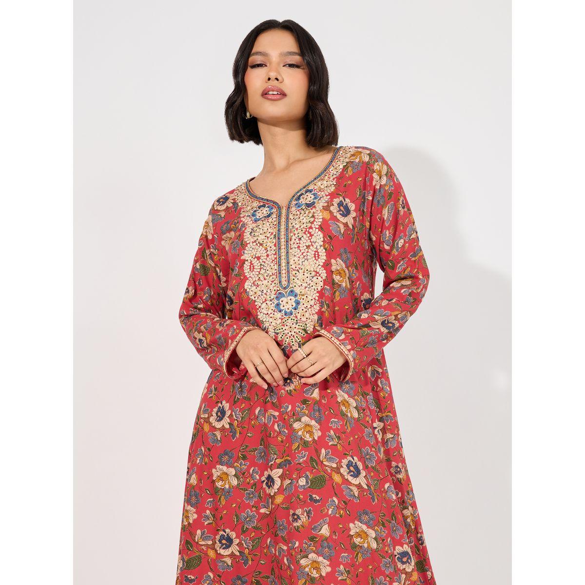 Maxim Creation X Styli  Floral Print Rayon Mukhawar Jalabiya with Handwork-women-arabicclothing-kaftan-image-2