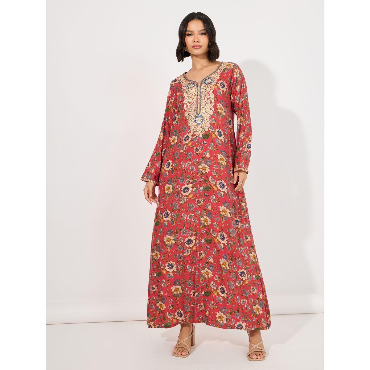 Maxim Creation X Styli  Floral Print Rayon Mukhawar Jalabiya with Handwork-women-arabicclothing-kaftan-image-4