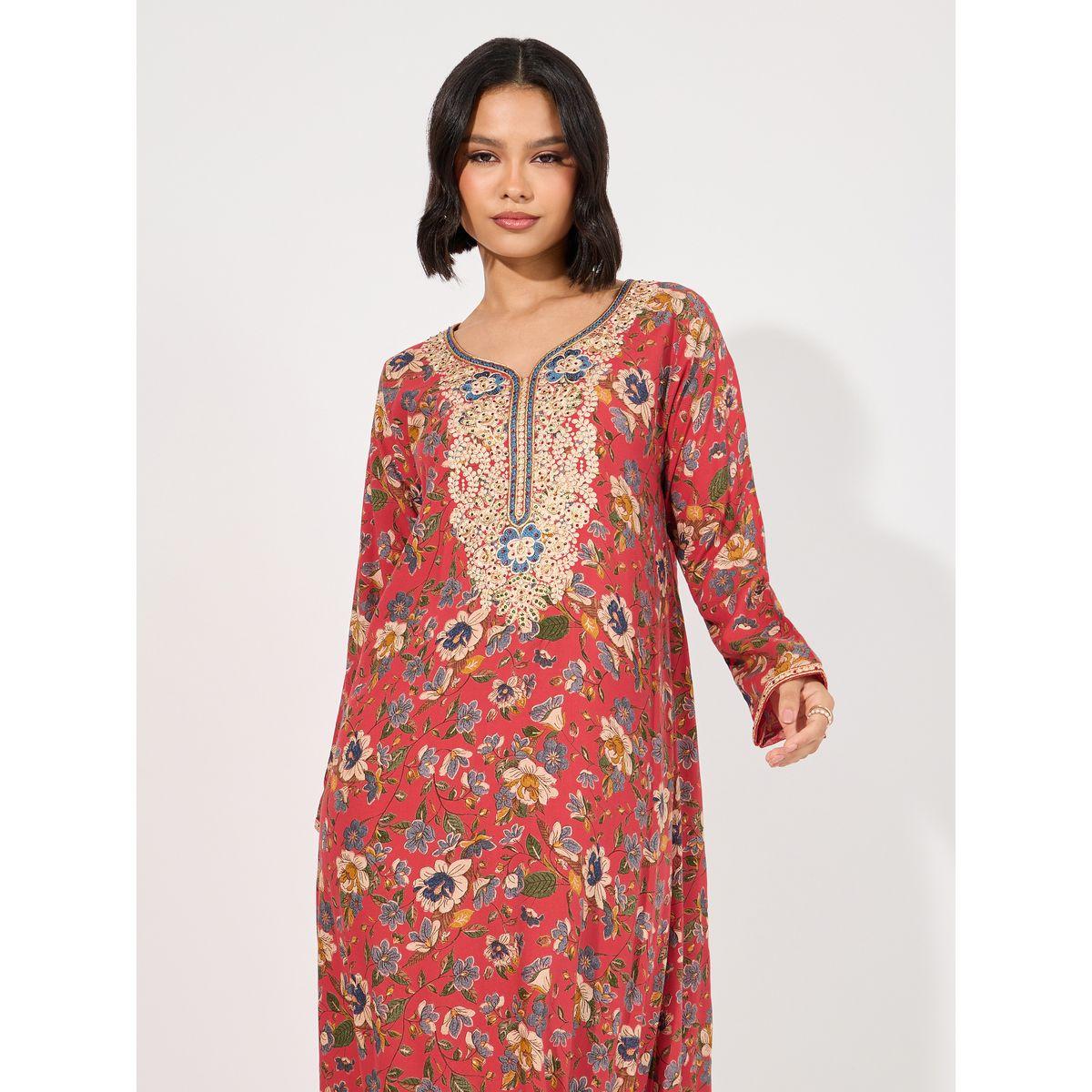 Maxim Creation X Styli  Floral Print Rayon Mukhawar Jalabiya with Handwork-women-arabicclothing-kaftan-image-5