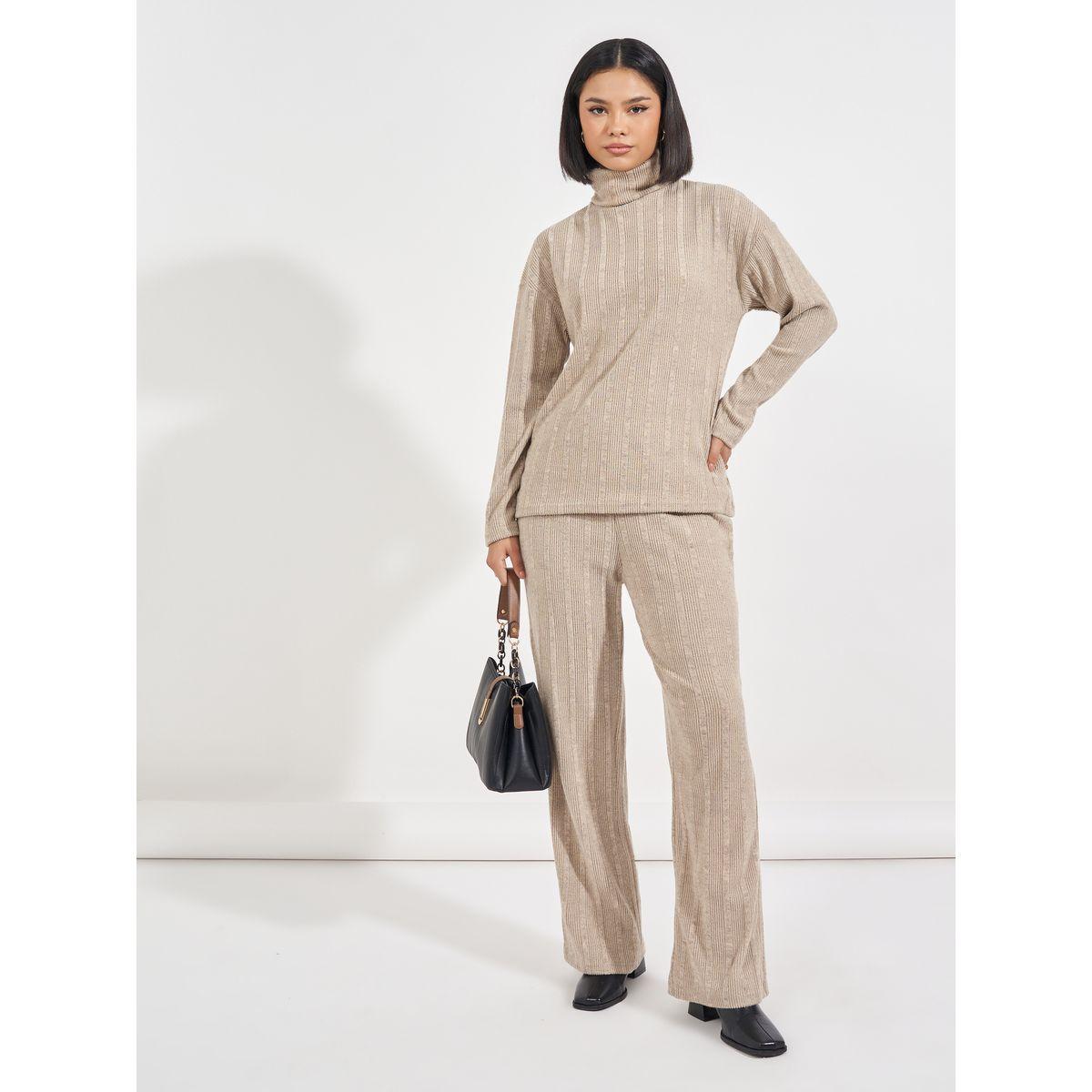 طقم منسق من بنطال مع بلوزة فضفاضة بياقة ملفوفة-women-clothing-coordsets-image-1
