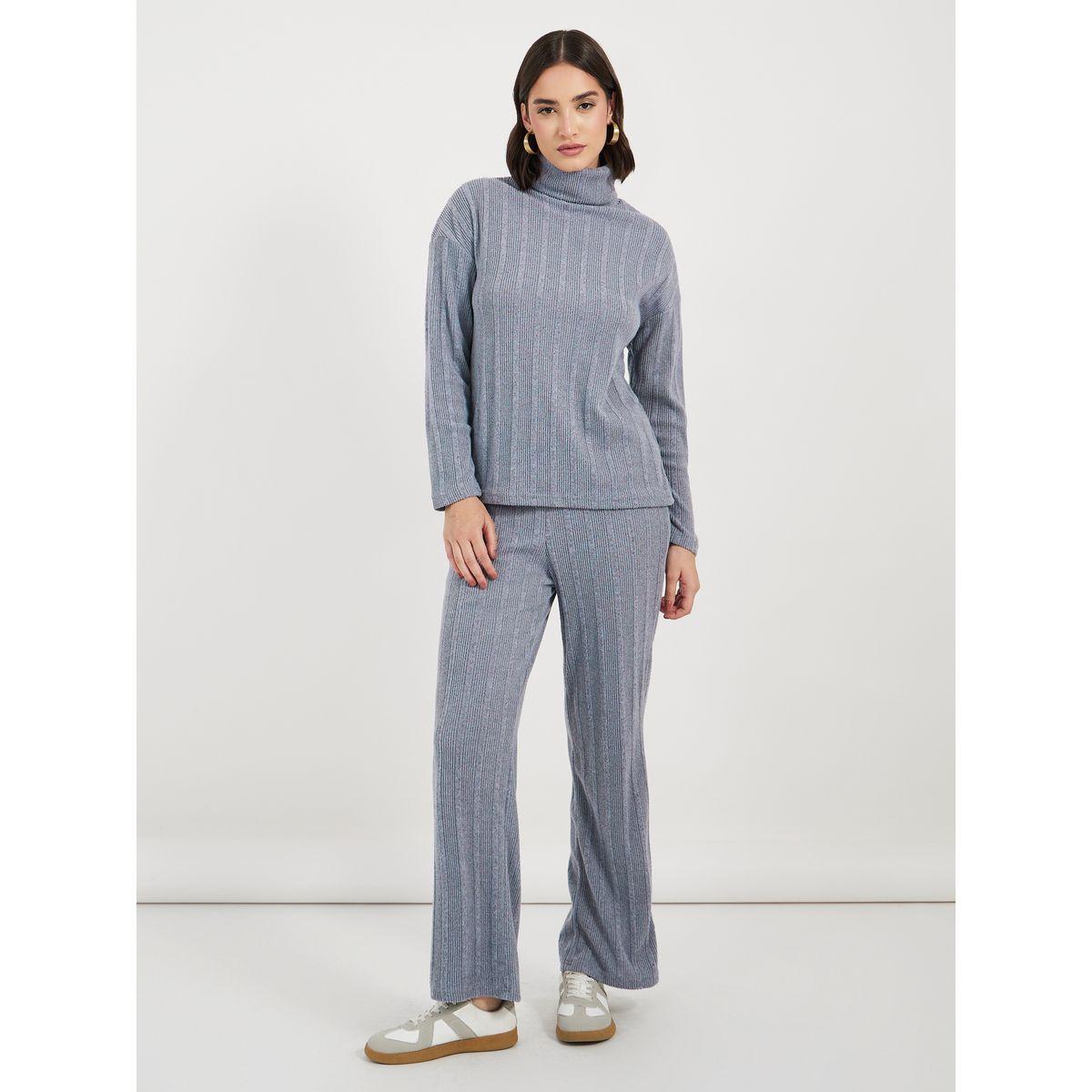 Styli Roll Neck Oversized Rib Knit Top & Pants Co-Ords-women-clothing-coordsets-image-2