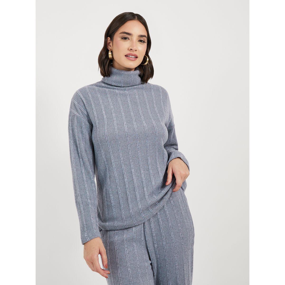 Styli Roll Neck Oversized Rib Knit Top & Pants Co-Ords-women-clothing-coordsets-image-3