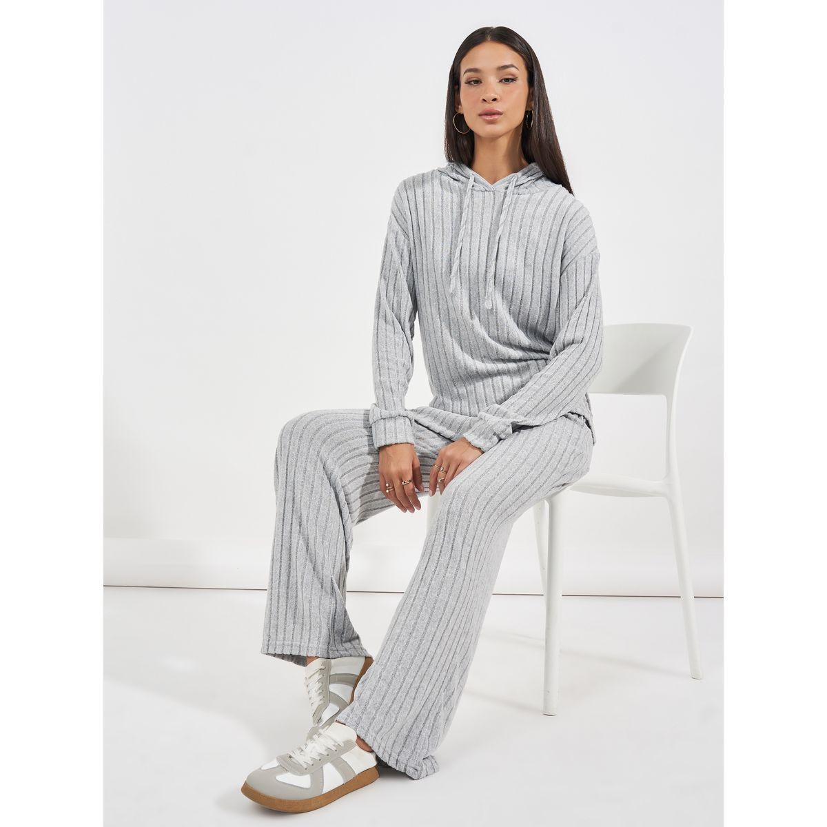 Styli Rib Knit Hooded Top & Wide Leg Pants Co-Ords-women-clothing-coordsets-image-1